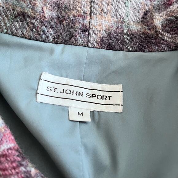 St. John Sport Plaid Wool Blend Floral Embroidered Collared Jacket Size Medium - Picture 3 of 15